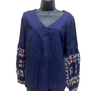 Maeve Anthropologie Blouse Womens Size 10 Navy Blue Embroidered Boho